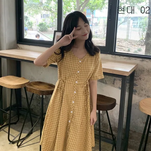 성미성방 190806프렌치 브이넥 섹시 볼륨 더블 달콤 상큼 반팔 긴팔 빈티지 원피스 여한판 루즈 양미 날씬해 보이는 이너 스커트 오프숄더 체크원피스 가을신상x01