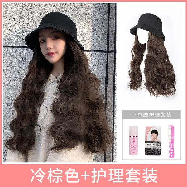 비프리순 자연스러운 긴머리 통 가발 버킷햇 벙거지 모자 일체형 무광택 가벼운 항암, 모자일체형, 쿨브라운+케어세트