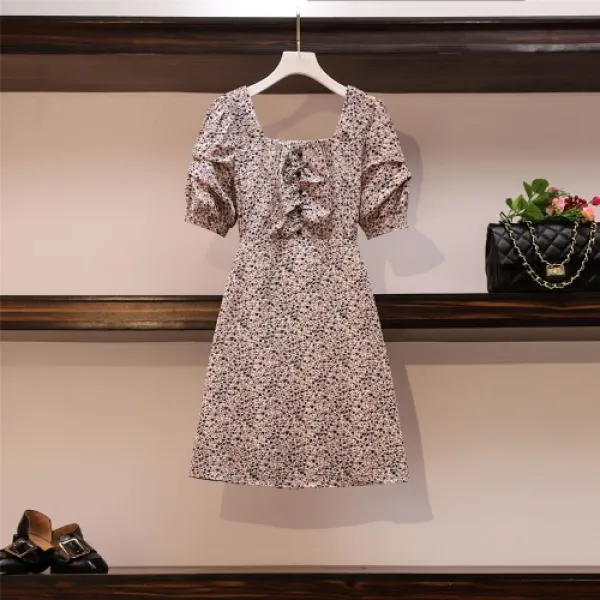 빅 사이즈 통통한 Mm 스퀘어 넥 여성 인품 끈 단추 슬림 보임 등잔 소매 잔꽃 눈직물 원피스 하