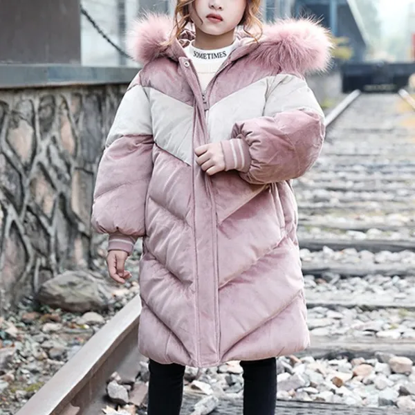 무드때때 여아 키즈 골드 벨벳 배색 롱패딩