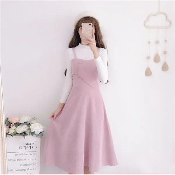 가심비 여성 슬리밍 코듀로이 스트랩 투피스 니트 모직 미디 원피스 Ga008n110307