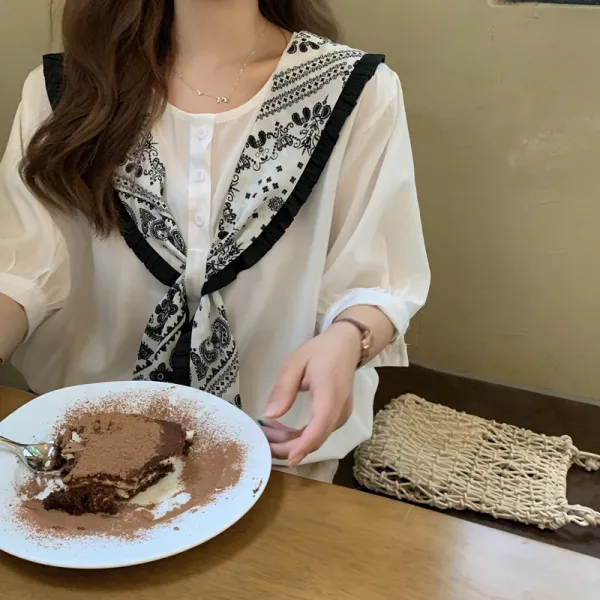 지온느 루블라우스 여성 여름 와이드 루즈핏 스윗 상의 화이트 포가공 계 반팔 와이셔츠