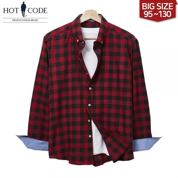 핫코드 남성용 레드 체크 남방 빅사이즈 긴팔 셔츠 Hc758