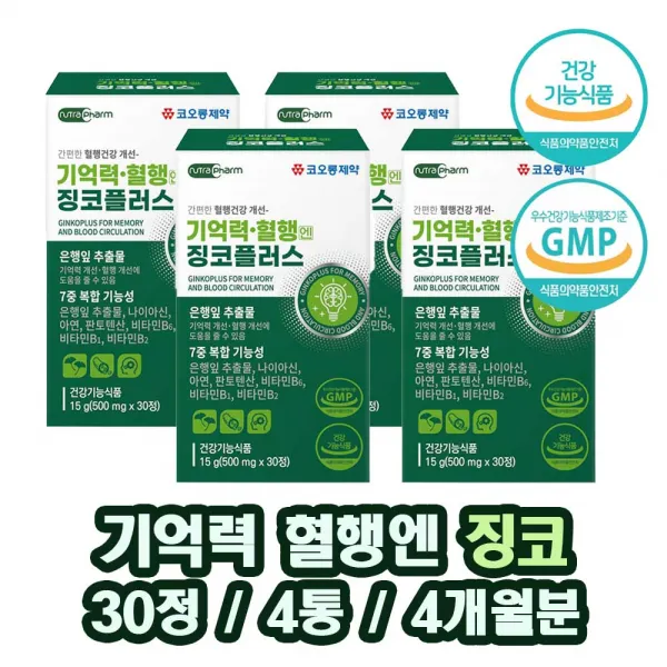 징코 플러스 혈액순환 개선제 징코 은행잎 영양제 은행잎 추출물 손가락 손 발 저림 혈액순환제 비타민 B1 B2 B6 아연 함유 기억력 개선도움 개별포장 건강기능식품 식약처허가, 4 E A