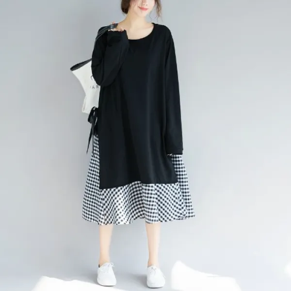 Dipylon 여자 후드티셔츠 페이크 체크 맨투맨 스커트 여추문예 데일리룩 슬림 박시