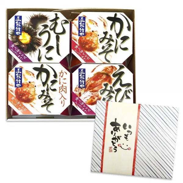 いつもありがとう白ギフト 北国からの贈り物 おつまみ 缶詰 ギフト 海鮮 珍味 4種 セット 白ラッピング いつもありがとう 항상 감사 흰색 선물 북국의 선물 안주 통조림 선물 해물 진미, 1