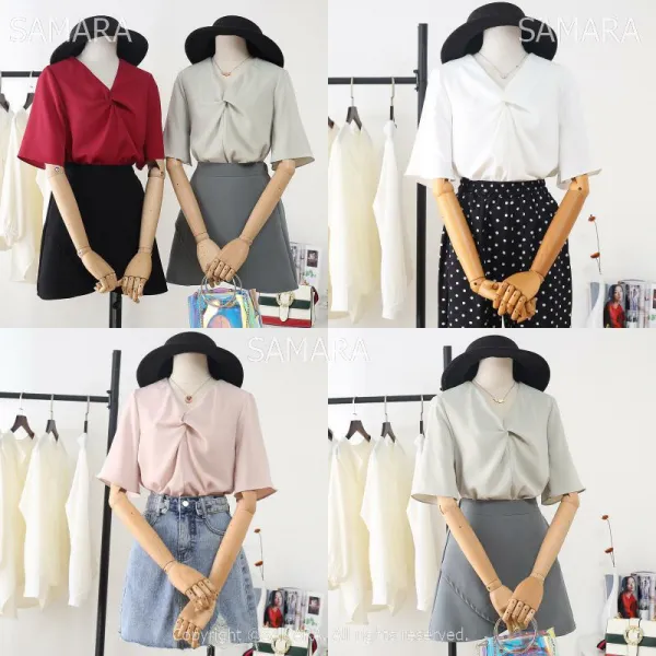 Qterra 특허브랜드 D7987 쉬폰 블라우스 브이넥 셔츠 티셔츠 반팔