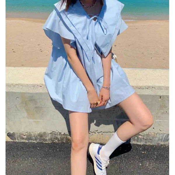 그레이스 오브 이제이(Grace of E.J) 블루반팔셔츠 최 군 21 여름 타입 HONGU 꽃레이스 브이넥 스트랩 스위트