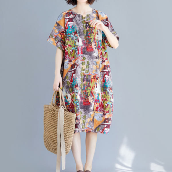 컨셉 여성빅사이즈 오버사이즈 프린트 반팔원피스666 빅사이즈원피스