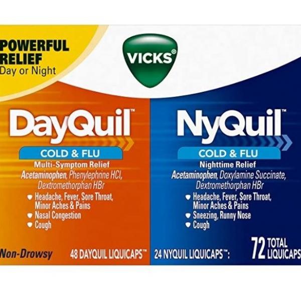 Vicks DayQuil and NyQuil SEVERE Cough Cold Flu Powerful 72 caps 콜드 & 플루 Relief 데이콜 나잇콜 콤보 몸살감기 목감기 열감기 완화, 1개
