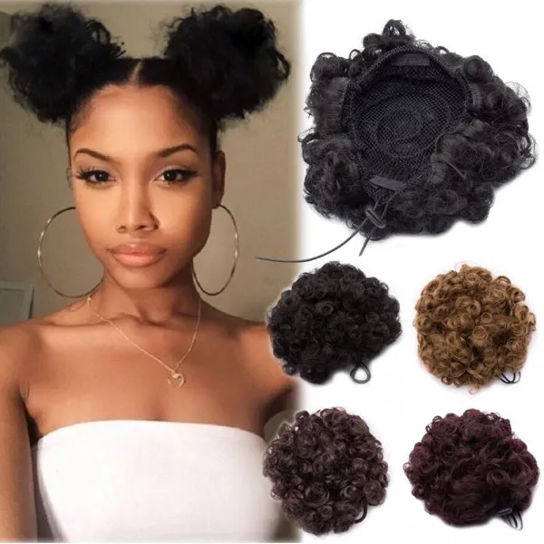 아프리카 계 미국인 변태 곱슬 코디 updo 무성한 슈슈 가발 아프리카 퍼프 졸라 매는 끈 포니 테일 Chignon 헤어 롤빵 확장 흑인 여성