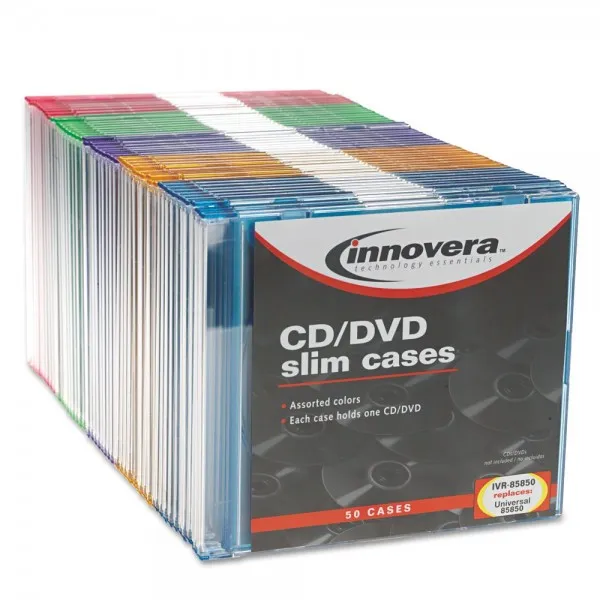 Innovera 85850 CD/DVD Polystyrene Thin Line Storage Case Assorted Colors 50 pe