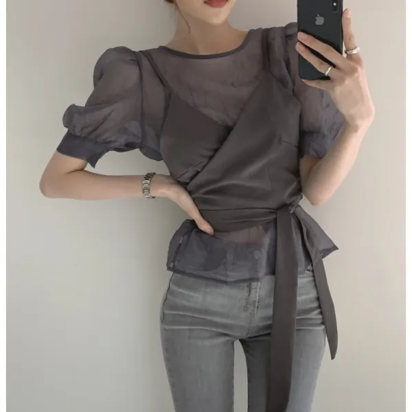 선플라워 라운드넥 망사 반팔 티셔츠+끄나시