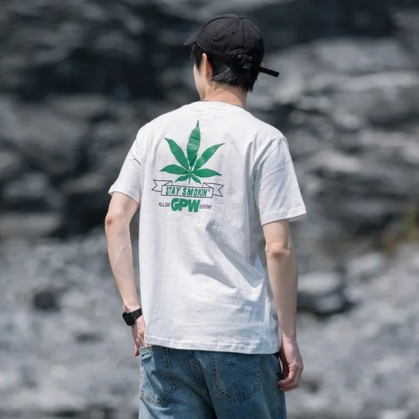 남자 여름 메이플 리프 프린트 반팔 티셔츠 남자 코튼 리프 반팔 셔츠 라운드 넥 동정적 인 트렌드