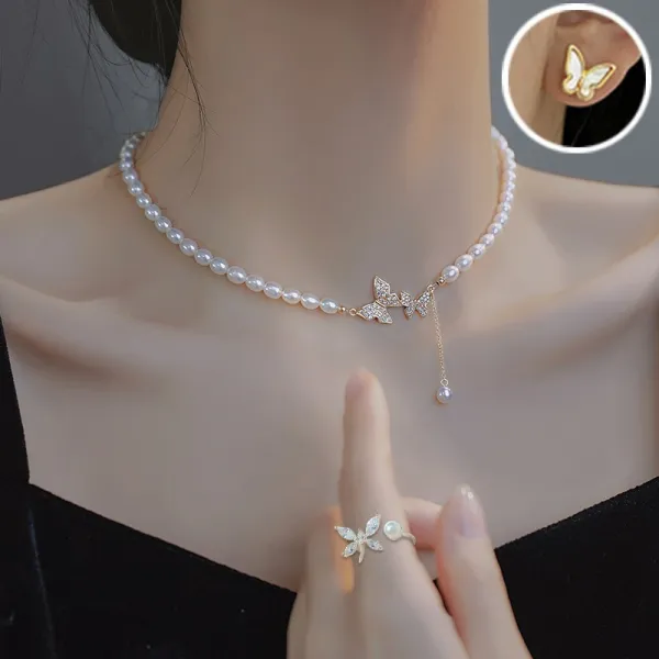 담수 진주 목걸이 + 귀걸이 + 반지, 나나 스튜디오 금도금 목걸이 패션 귀엽다 나비 펜던트 목걸이 목걸이귀걸이세트