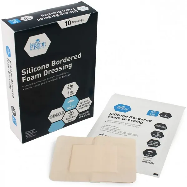 Medpride 접착 성 실리콘 경계가있는 폼 상처 드레싱 패드-4 인치 x 5 인치 궤양 10 년 후 상처 붕대, 1