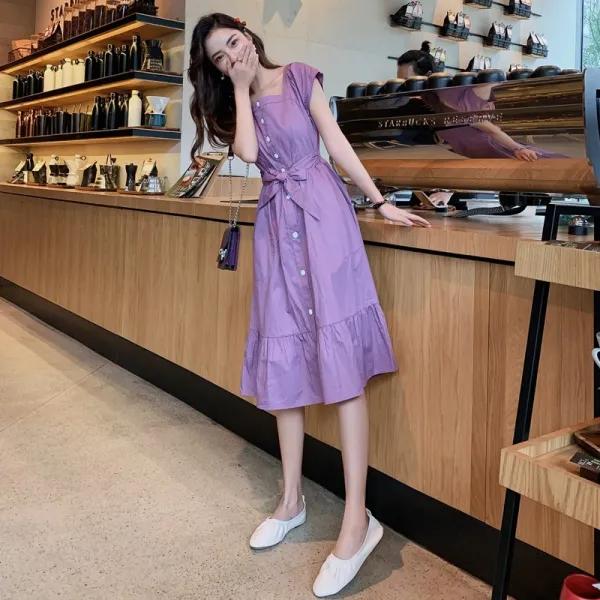 패션이루 롱 프릴 반팔 원피스 여름 면 여성 A라인 캐주얼 셔링