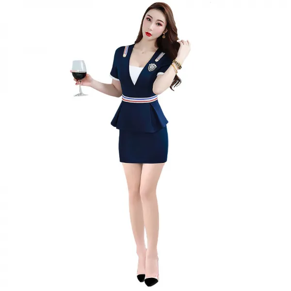 비아이5 족욕 마사지사 야간공연 스튜어디스 유니폼 Spa 양생 관 여성 미용사 오피스룩 Xl 반팔 숨기다 남빛 치마 룩