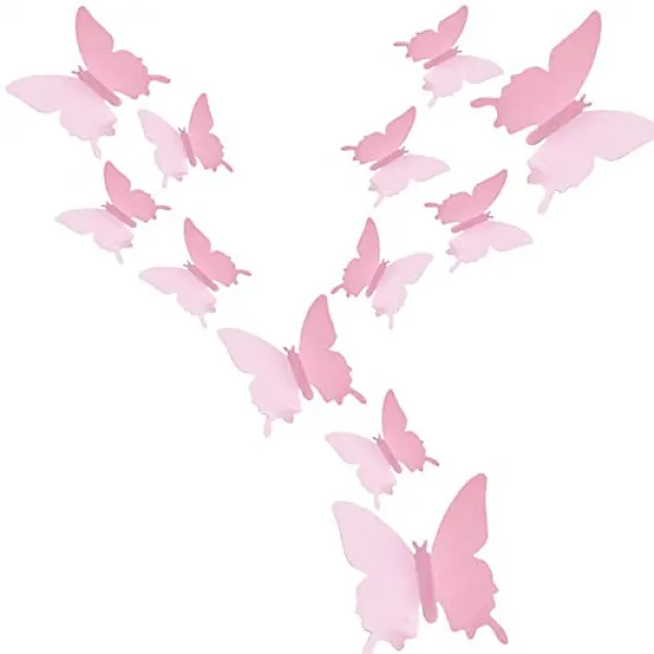 Heansun 24 Pcs 나비 벽 데칼 나비 장식 스티커 가정 장식용 어린이 방 침실 장식 핑크 Pink Pink