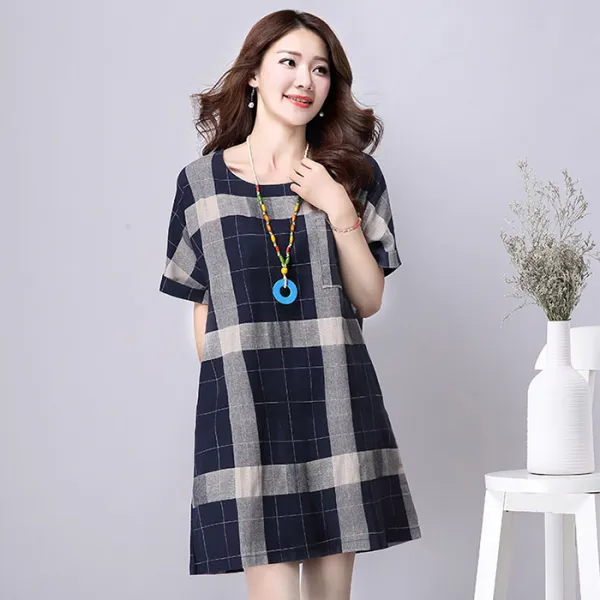 블랙바바 여성 체크무늬 리넨 미니원피스a19061827