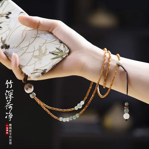 대나무연꽃 키링 대휴전화 목걸이끈 복고풍 밧줄 선물 체인 길이 65cm