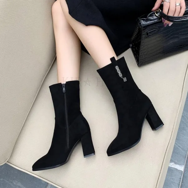 Kirahosi 트렌디 여성 스퀘어 스판 삭스 앵클 부츠 미들힐 데일리 233호+덧신증정 Dfjcio75