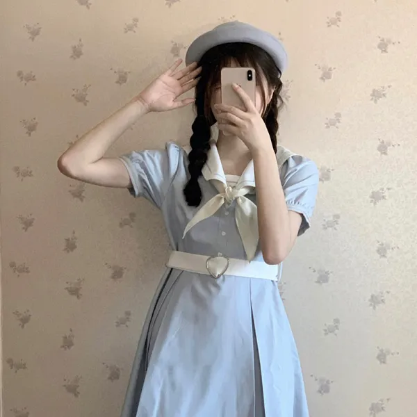 Jun.16 138번 스쿨룩 셔츠 원피스 숏컷 허리라인 날씬해 보이는 블루 주름 스커트 여름바다군령Z