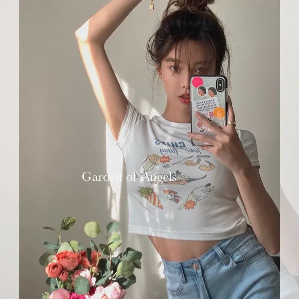 슈미트 프린트 걸그룹 c위 데뷔 슬림 숏 빈티지 공룡 스낵 테이 스키니 티
