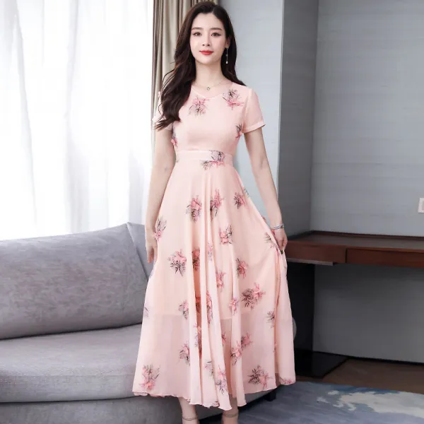 올봄 귀부인 반팔 눈 방적 원피스 받아 허리 날씬해 보이고 잔꽃 롱 스커트