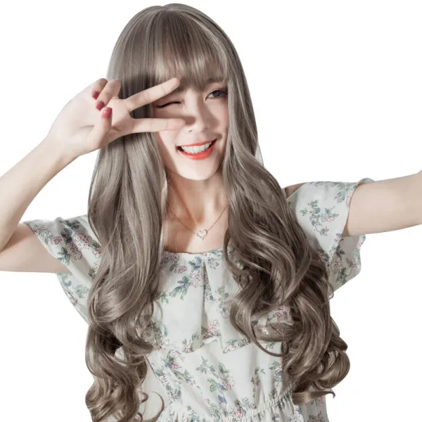 다이너 (diinaer) 한국 가발 긴 웨이브 헤어 큰 웨이브 자연 박진감 있는 공기 앞머리 텁수룩한 웨이브 헤어 정수리 가발 머리의 할머니 회색, 상세페이지 참조, 상세페이지 참조
