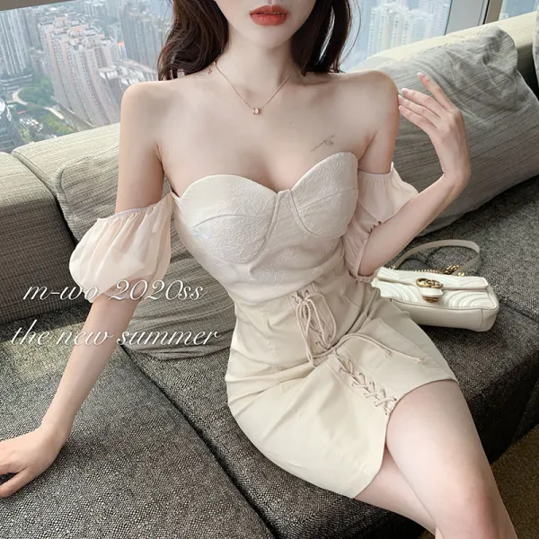 빈티지 레이스 버블 소매 데님 원피스 여 하 섹시하게 허리를 잡아주어 날씬해 보이는 가방 힙 스커트