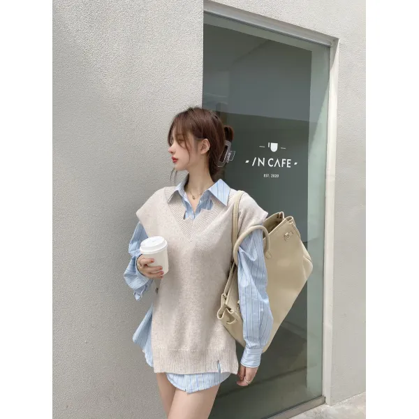 가을 와이드 루즈핏 베스트 런닝 롱소매 스트라이프 셔츠 상의 커버 스타일리쉬 여성의류