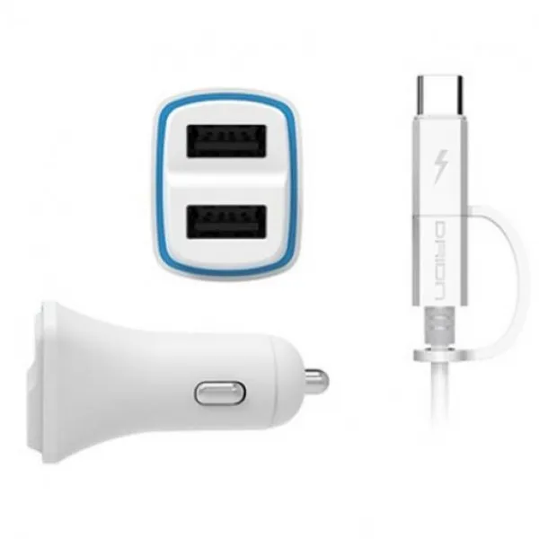 에씨클레오 차안에서도 배터리 걱정없이 동시 충전이간능한 차량용 충전기 USB 2구 5핀 케이블 C핀 젠더 E-307064, 화이트, USB 2구 5핀 케이블 C핀 젠더 충전기