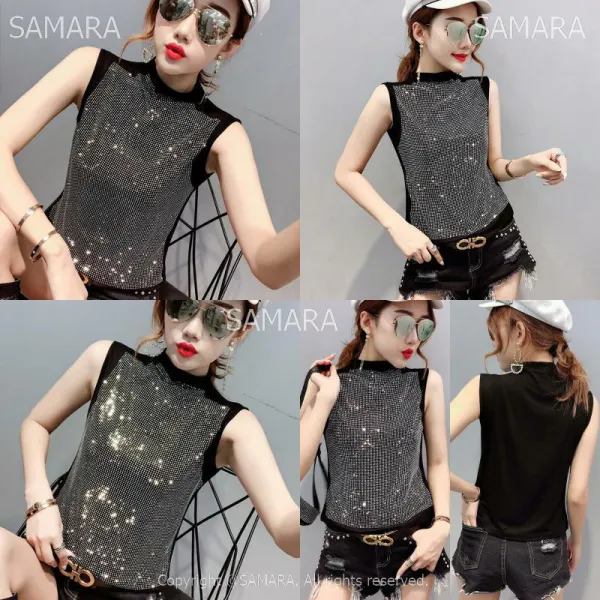 Qterra 특허브랜드 민소매티셔츠 큐빅장식 여성 클럽 끈나시 여름