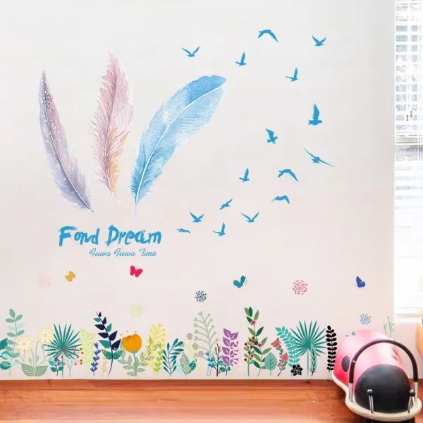 깃털 Ins 무드 스위트 침실 배경 스티커벽지 일러스트스티커 방 침대머리 시트지 접착 16 .날갯짓함 _페인팅 꽃 발차기