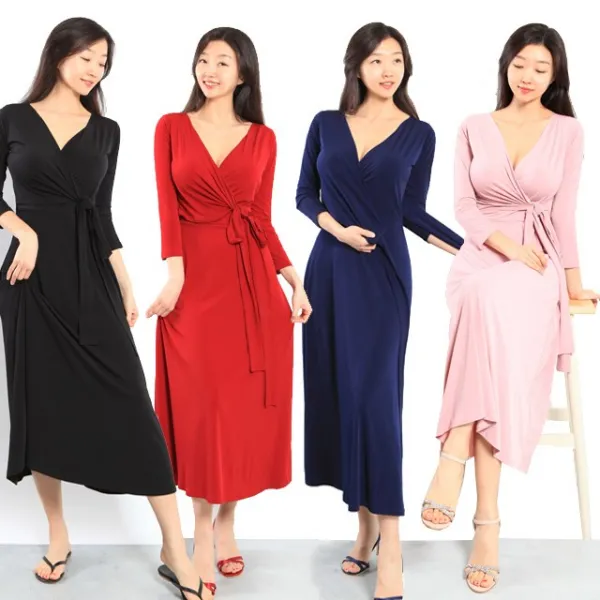 본인뉴욕 봄 여름 베이직 실켓 랩롱원피스 핑크 레드 네이비 로브 맥시 랩원피스 롱드레스