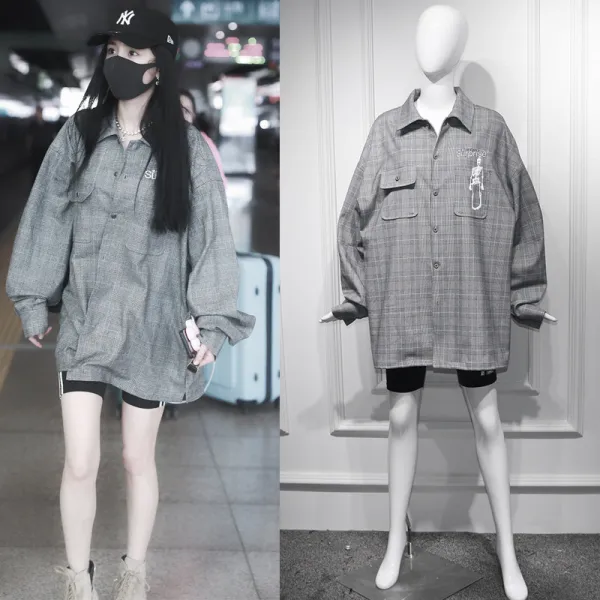Jan.19 10번 가을 스타 양멱 동격 체크 루즈핏 셔츠 BF 스타일 셔츠 상의 블랙 레깅스 세트Z
