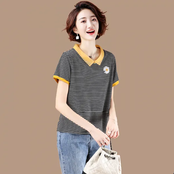 구월맥묵 여름 반팔 POLO셔츠 뚱뚱한 여성의류 스트라이프 단가라 와이드 루즈핏 슬림핏 반팔티 상의