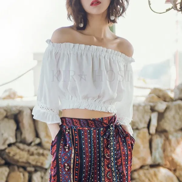 Kirahosi 여름 반팔 오픈 숄더 끈 일자 블라우스 40호 Cwho5h6