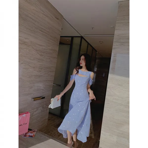 어 린 원피스 여장 여름 수 허리 스커트 반팔 라운드 스노우 페인팅 롱스커트