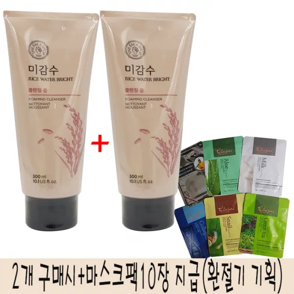 더페이스샵 미감수 브라이트 클렌징 폼 대용량 2개SET+마스크팩 10장랜덤지급(환절기기획), 2개, 300ml