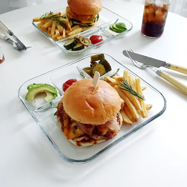 다인몰 내열 강화유리 나눔접시 그릇 2size 식판 칸칸접시 4절 유리접시 1인반찬 사각 구분접시 나눔접시대 식기세척기 오븐 렌지용 미니식판 분리 찬기 트레이 혼밥 혼술