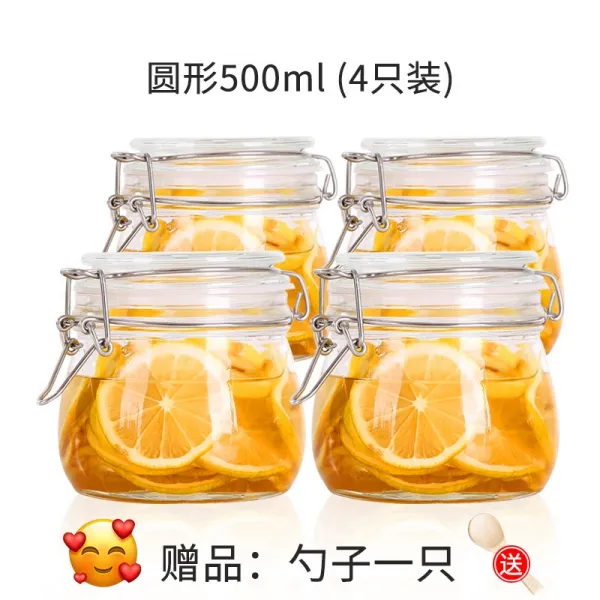 유리 밀봉 허니 보틀 자 레몬 패션 푸르트 덥개 포함 식료품 급 절이다 김치 단지, 1, 500ml 원형 4 부치다 나무 주걱
