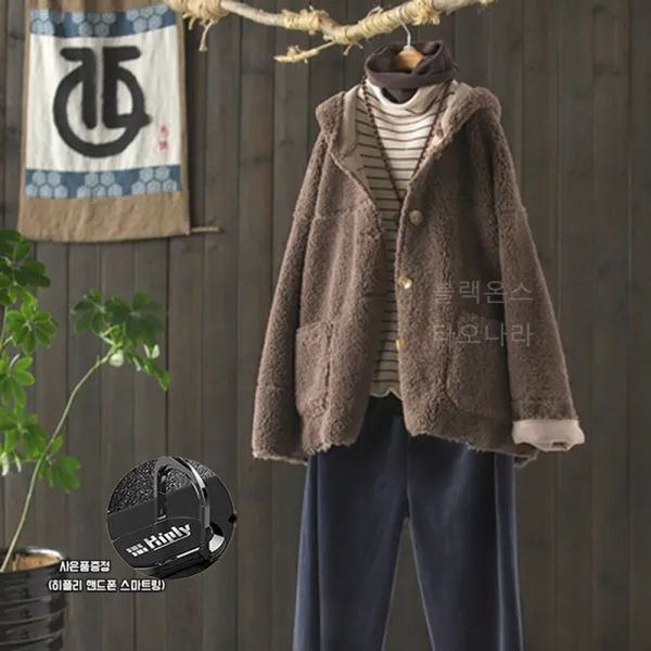 블랙온스 여자 긴소매 루즈핏 램스울 후드 캐주얼 양면 자켓 Wwc1696 2