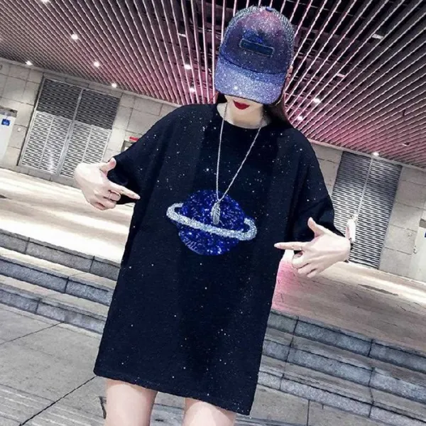 블랙바바 여성 스팽클 반팔 롱 티셔츠a19052958