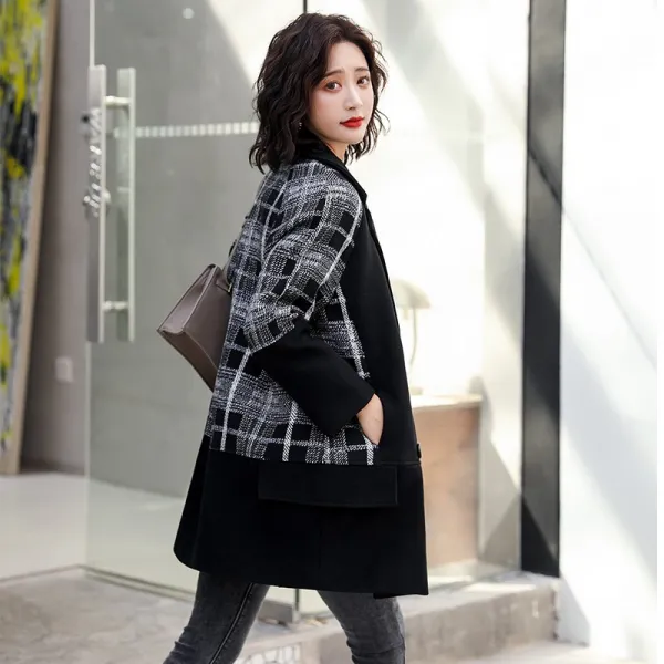 여자체크코트 모직물 코트 미지물외투 보통길이 2020가을겨울셋트 유행치마 병접연결 체크무늬 칼라넥 유행