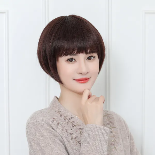 실물 머리 허창 포폴 머리 엄마 풀 머리 실물 머리카락 자연스럽다 흔적 진짜 머리 가발 짧다 생머리, 1 건, 검정색