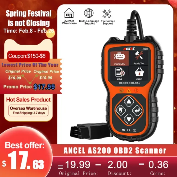 엔진 점검 자동차 진단을 위한 Ancel As200 Obd2 스캐너 실시간 데이터 코드 판독기 다중 언어 스캐너 코드 리더 01 Ancel As200