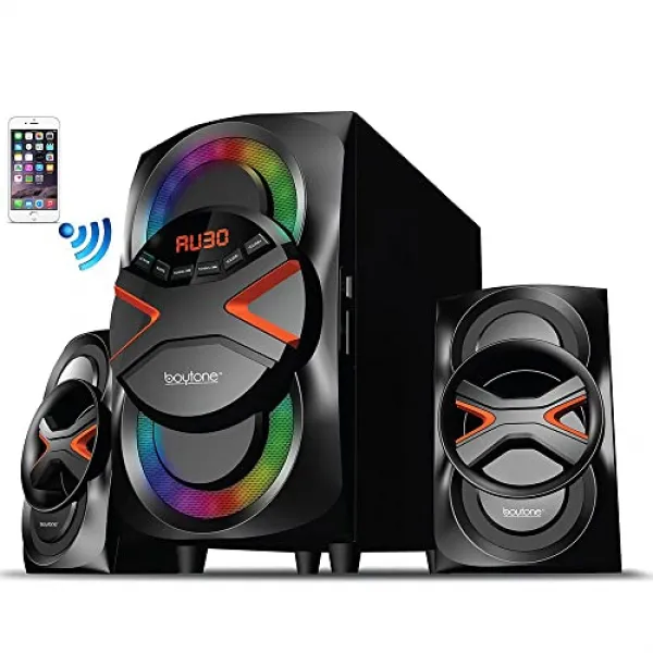 Boytone Bt 326f 2.1 블루투스 강력한 홈 시어터 스피커 시스템 Fm 라디오 Sd Usb 포트 디지털 재생 40 와트 디스코 조명 전체 기능 원격 제어 스마트 폰 태블릿. 본상품