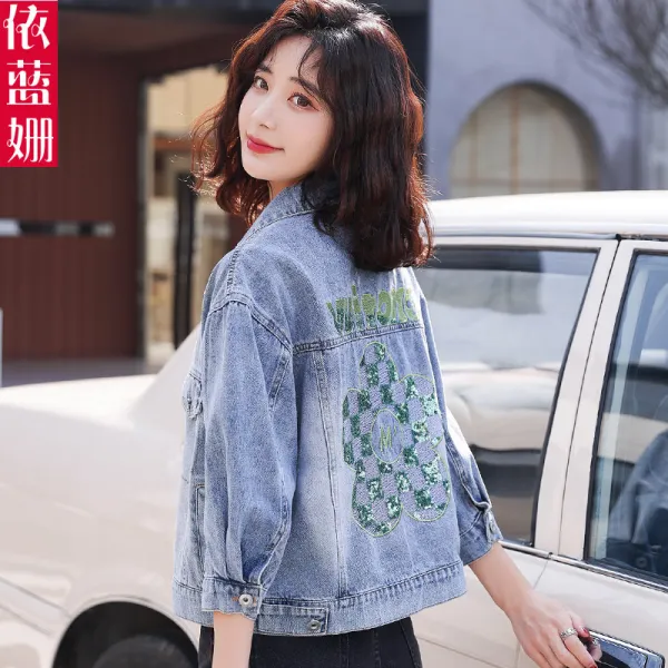 데님코트패션 유럽 화물 스타일리쉬 데님점퍼 여성 2022 봄계절 와이드 루즈핏 스팽글점퍼 숏 작은 키 4649279859